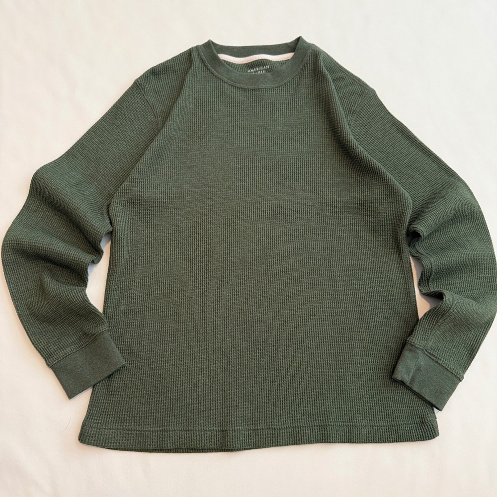 American Eagle Thermal Shirt Mens Small Green Waffle Knit Long Sleeve Standard